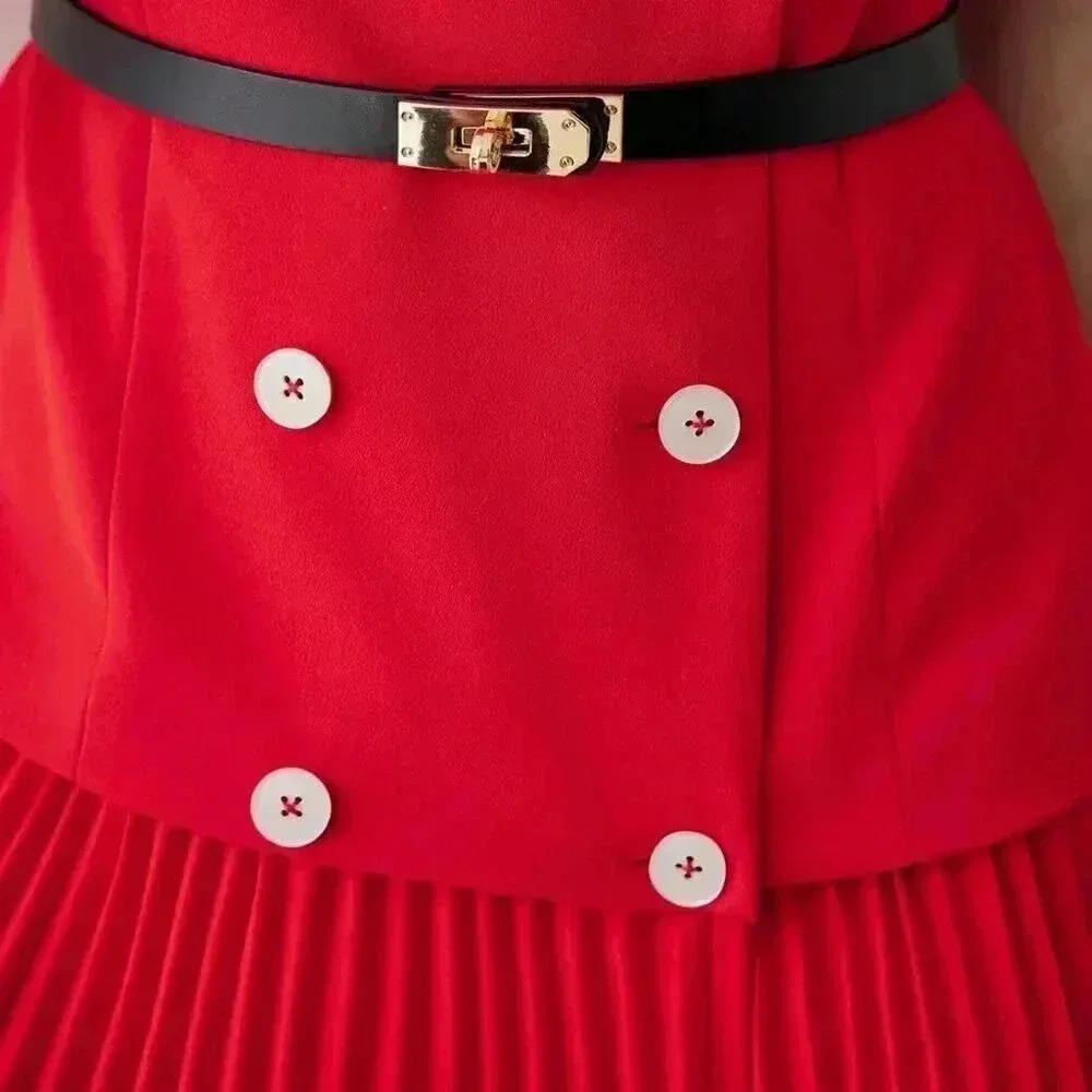 Red Elegant Women's Peak Collar Pleated Hem Double Breasted Placket Mini Dress - Picture 2 of 7